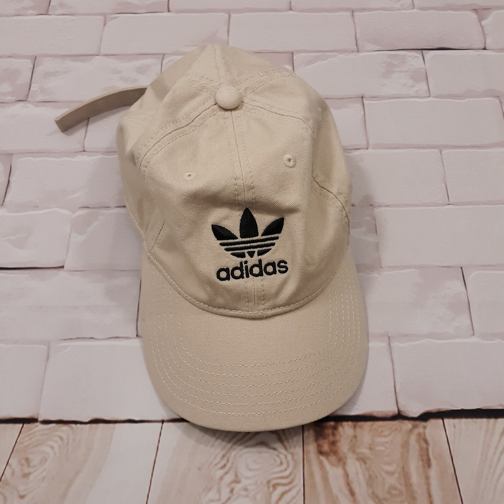 Adidas Baseball Hat Cap Adjustable Strapback Beige Trefoil Logo Cotton Mens